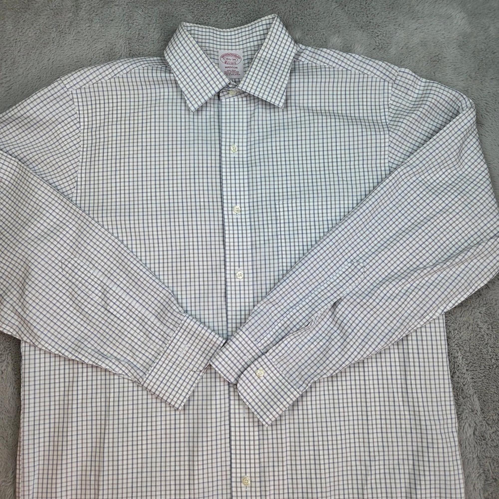 Brooks Brothers Dress Shirt Mens 15.5 34 Madison Non-Iron Supima Cotton Blue Wht